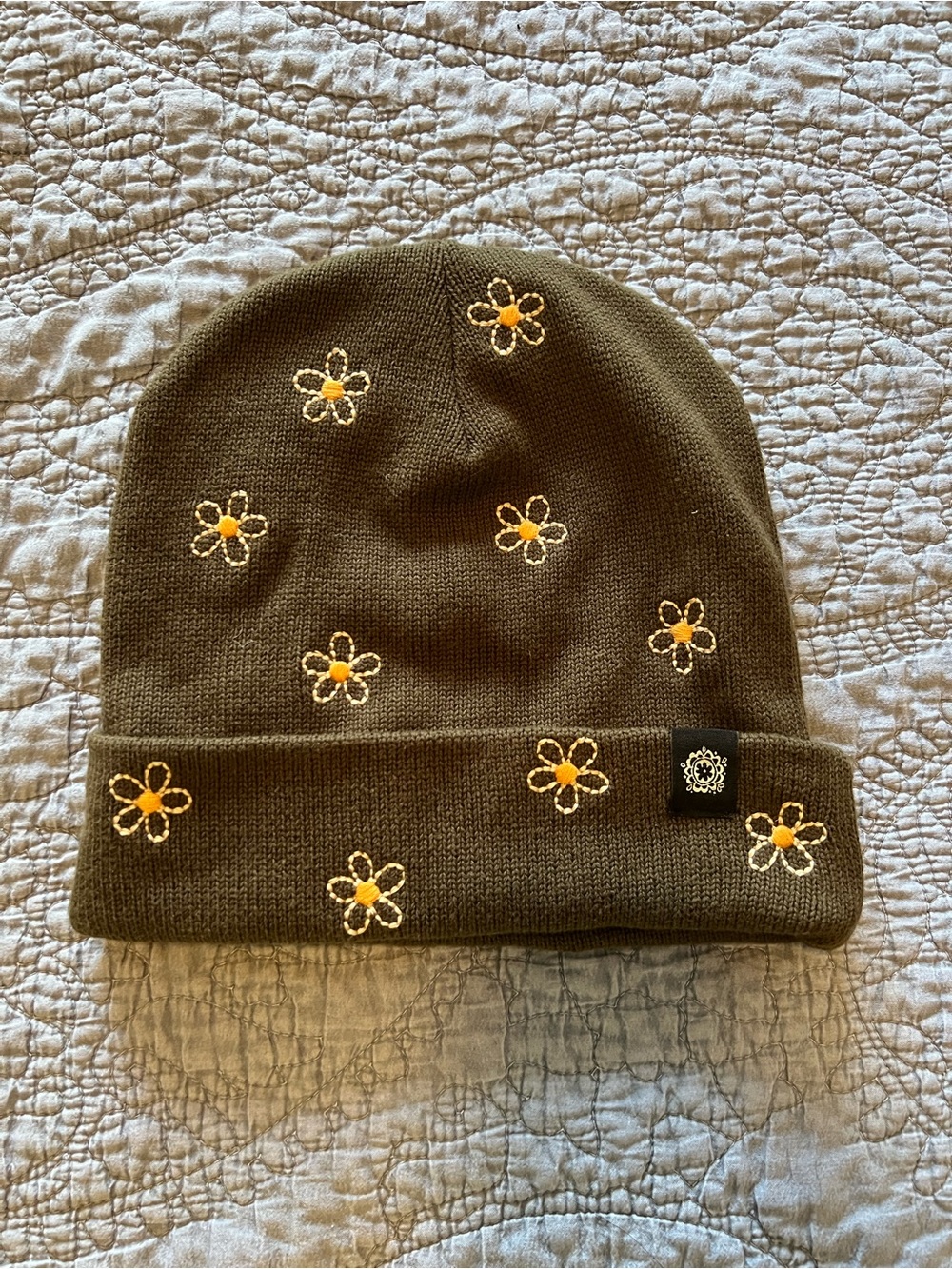 Natural Life Olive Green Beanie with Yellow Daisy Embroidery - New without tags